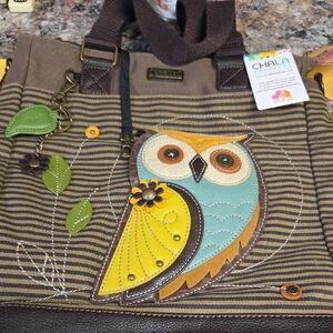 Chala Striped Owl Tote with Yellow and Teal Accents